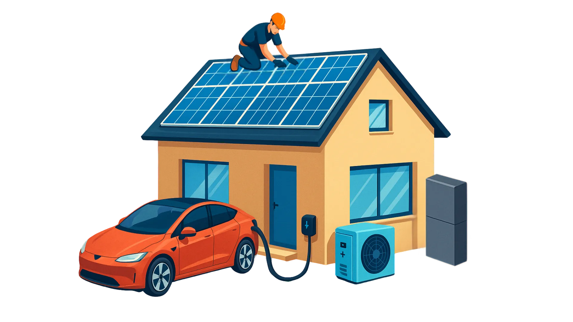 Instalación de placas solares de Lumio en una vivienda, con batería, aerotermia y cargador para coche eléctrico